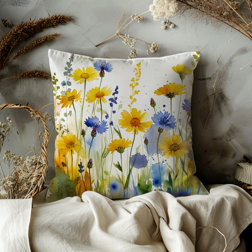 Wildflower Meadow Pillow Cover – Vibrant Watercolor Floral  Cover | Garden Decor
