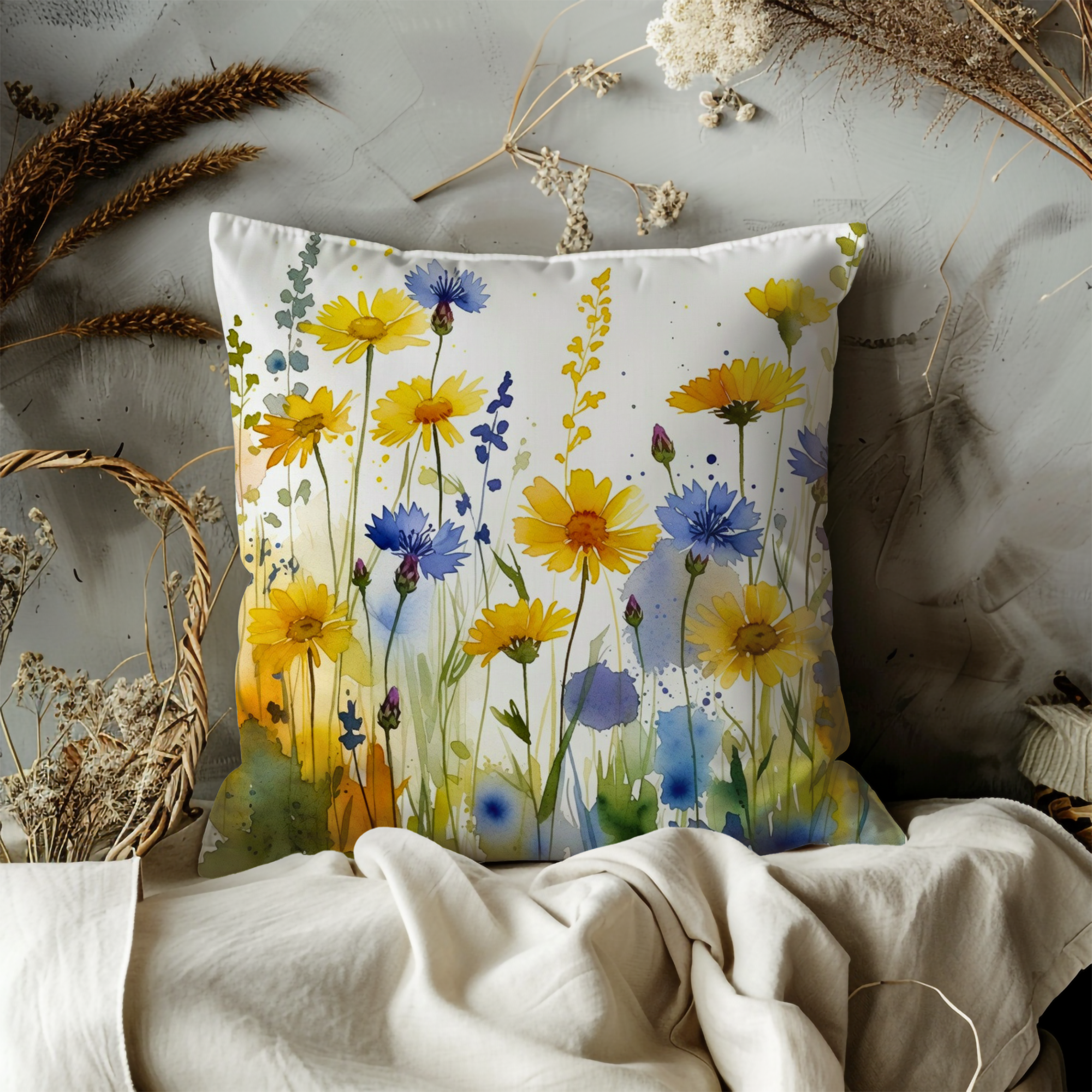 Wildflower Meadow Pillow Case | Vibrant Watercolor Floral Throw Pillow Cover | Garden Decor