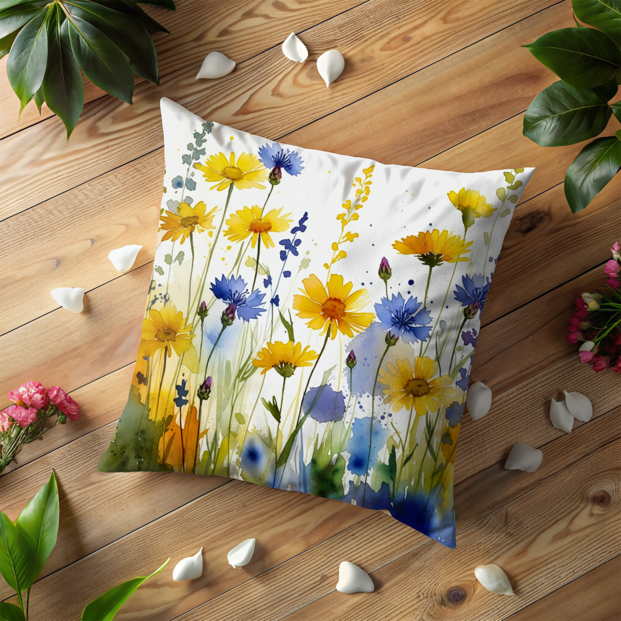 Wildflower Meadow Pillow Case | Vibrant Watercolor Floral Throw Pillow Cover | Garden Decor