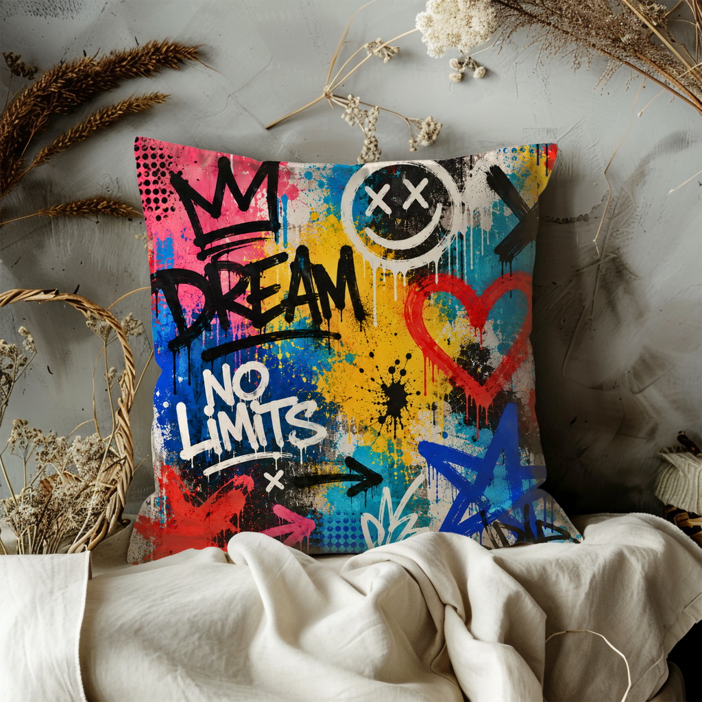 Graffiti Pillow Case | Dream No Limits Throw Pillow Cover | Urban Street Art Decor