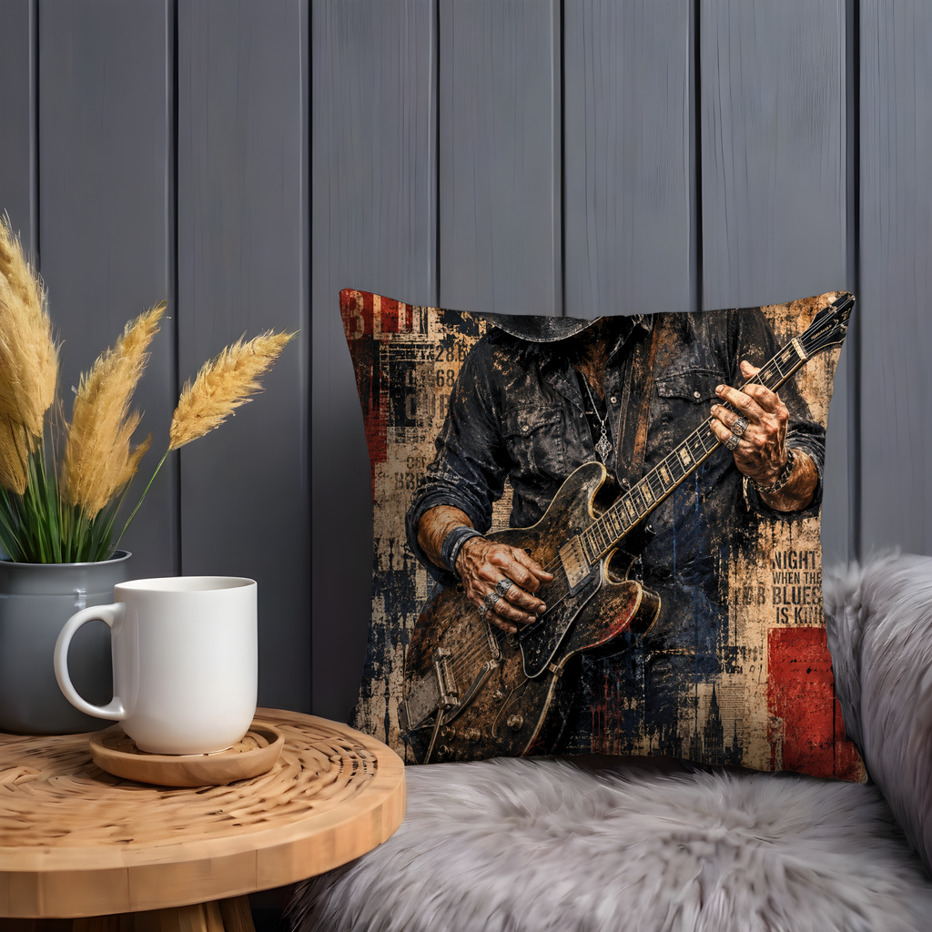 Blues Guitar Pillow Cover Rock Music Throw Pillow Grunge Decor Gift for Him