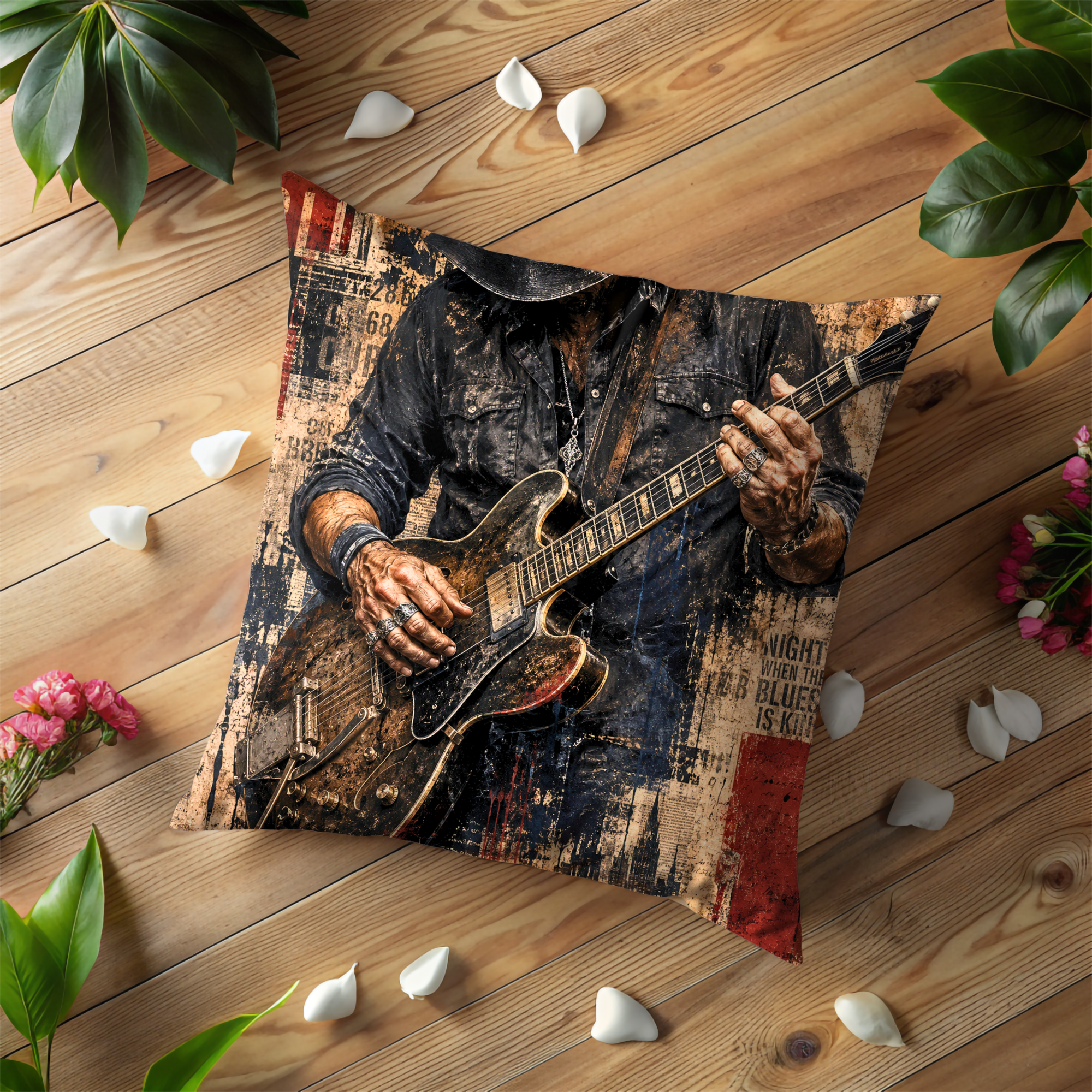 Blues Guitar Pillow Cover Rock Music Throw Pillow Grunge Decor Gift for Him