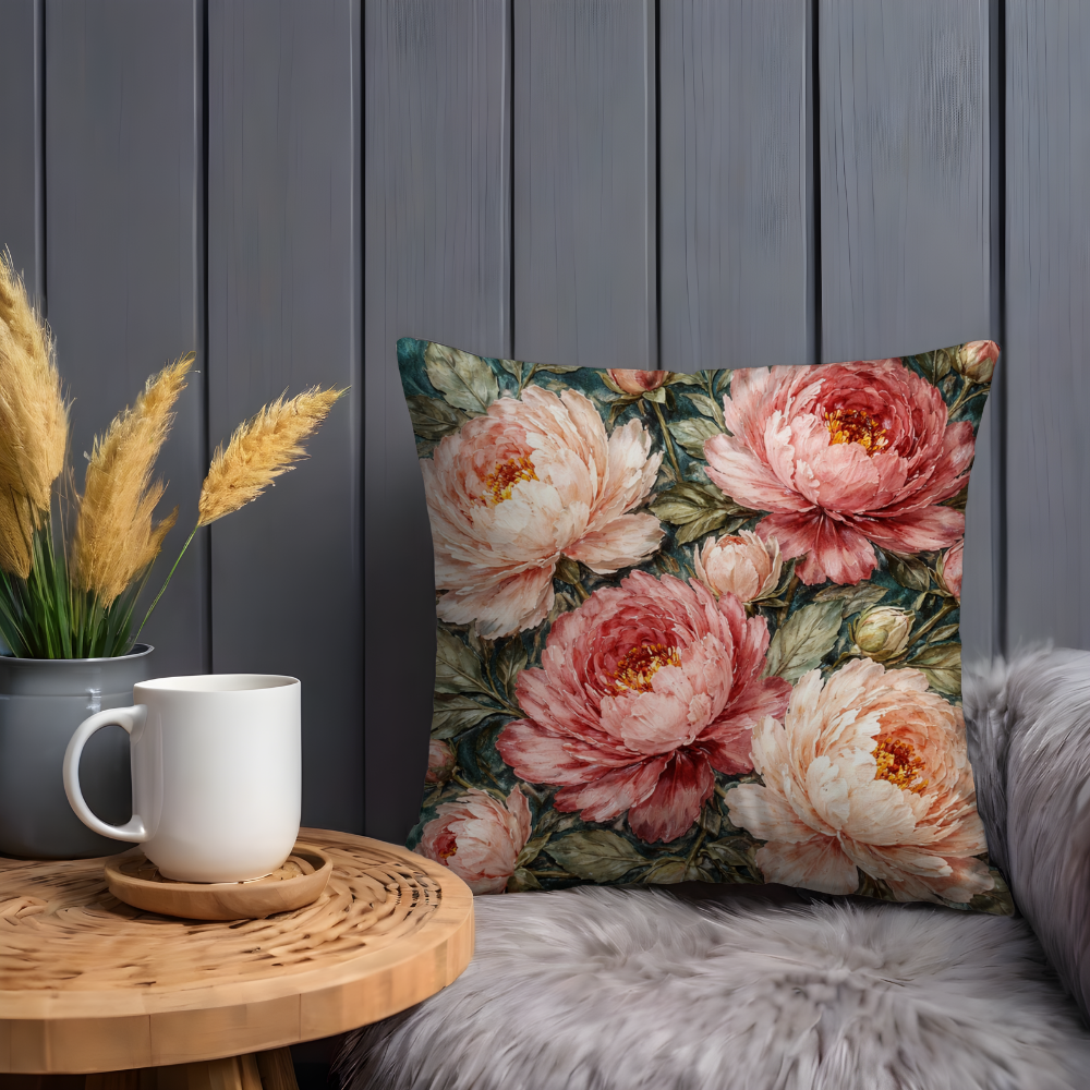 Vintage Moody Pink Peony Pillow Case, Romantic Dark Floral Decor, Dusty Rose Botanical Cushion, Elegant Flower Gift, Dutch Master Art