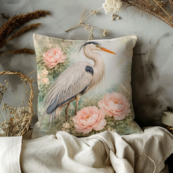 Great Blue Heron Peony Pillow Cover – Vintage Pink Floral Heron  Cover | Cottagecore Romantic Bird Decor