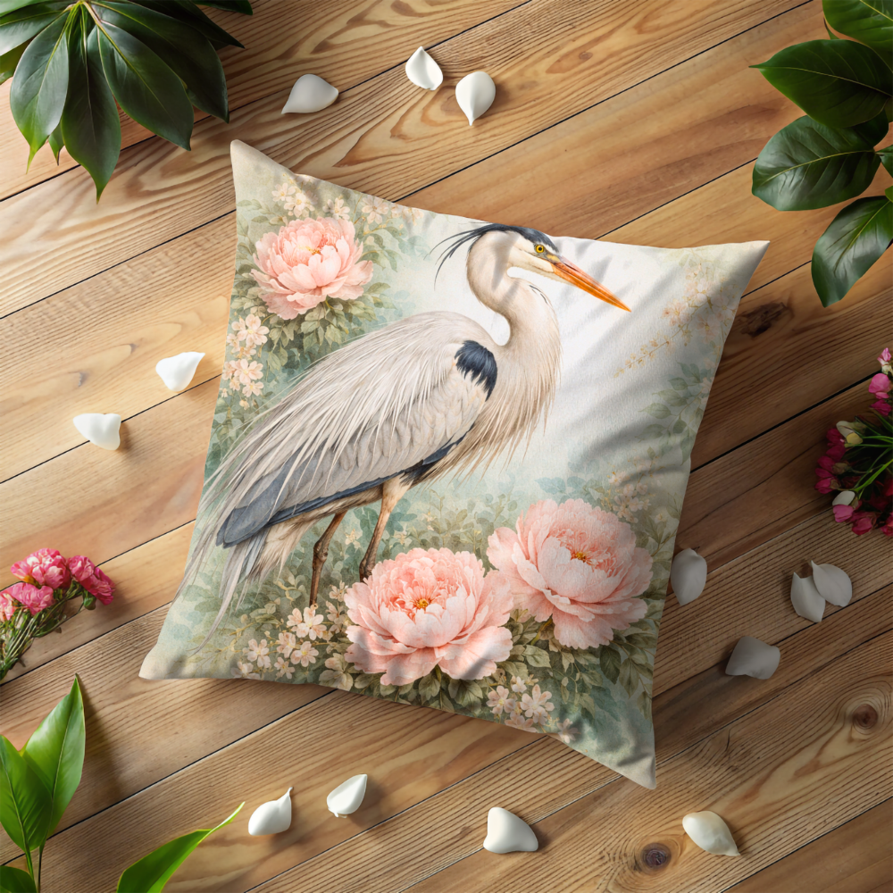Great Blue Heron Peony Pillow Case | Vintage Pink Floral Heron Throw Pillow Cover | Cottagecore Romantic Bird Decor