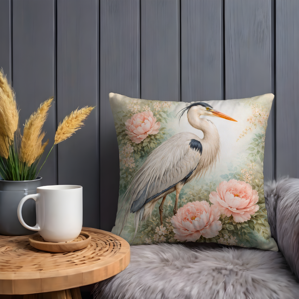Great Blue Heron Peony Pillow Case | Vintage Pink Floral Heron Throw Pillow Cover | Cottagecore Romantic Bird Decor