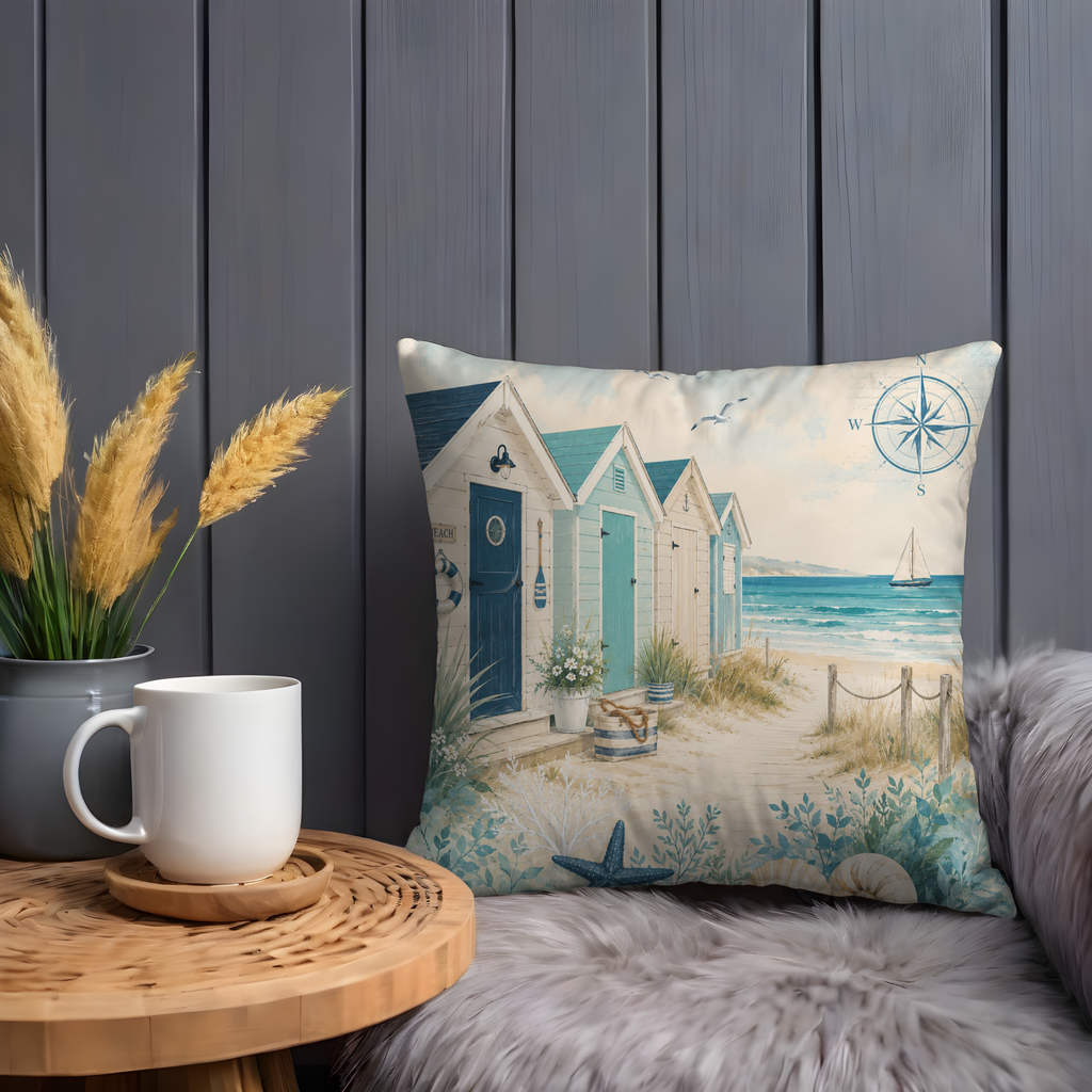 Beach Hut Pillow Case  | Coastal Cabana Ocean Sailboat Throw Pillow Cover | Nautical Beach House Decor
