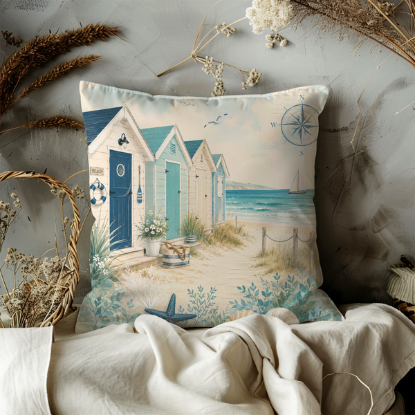 Beach Hut Pillow Cover – Coastal Cabana Ocean Sailboat  Cover | Nautical Beach House Decor