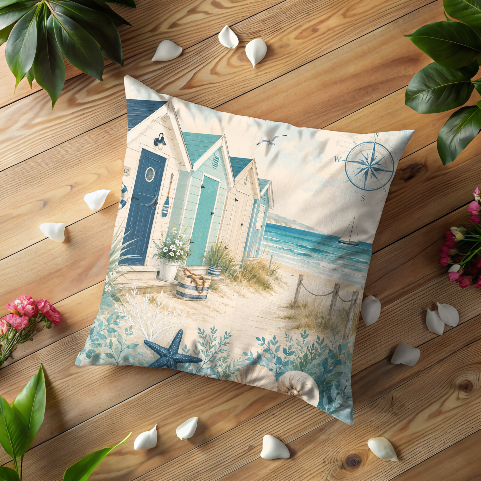 Beach Hut Pillow Case  | Coastal Cabana Ocean Sailboat Throw Pillow Cover | Nautical Beach House Decor