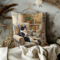 Cozy Cat Reading Pillow Case  | Bookworm Tuxedo Cat Throw Pillow Cover | Literary Decor