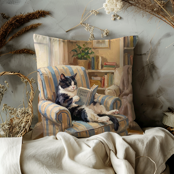 Cozy Cat Reading Pillow Cover – Bookworm Tuxedo Cat  Cover | Literary Decor