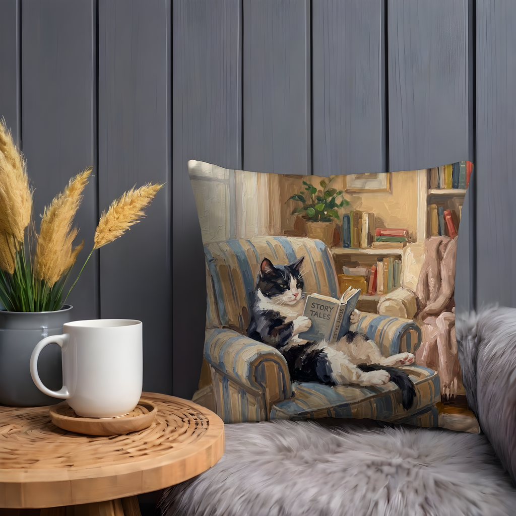 Cozy Cat Reading Pillow Case  | Bookworm Tuxedo Cat Throw Pillow Cover | Literary Decor