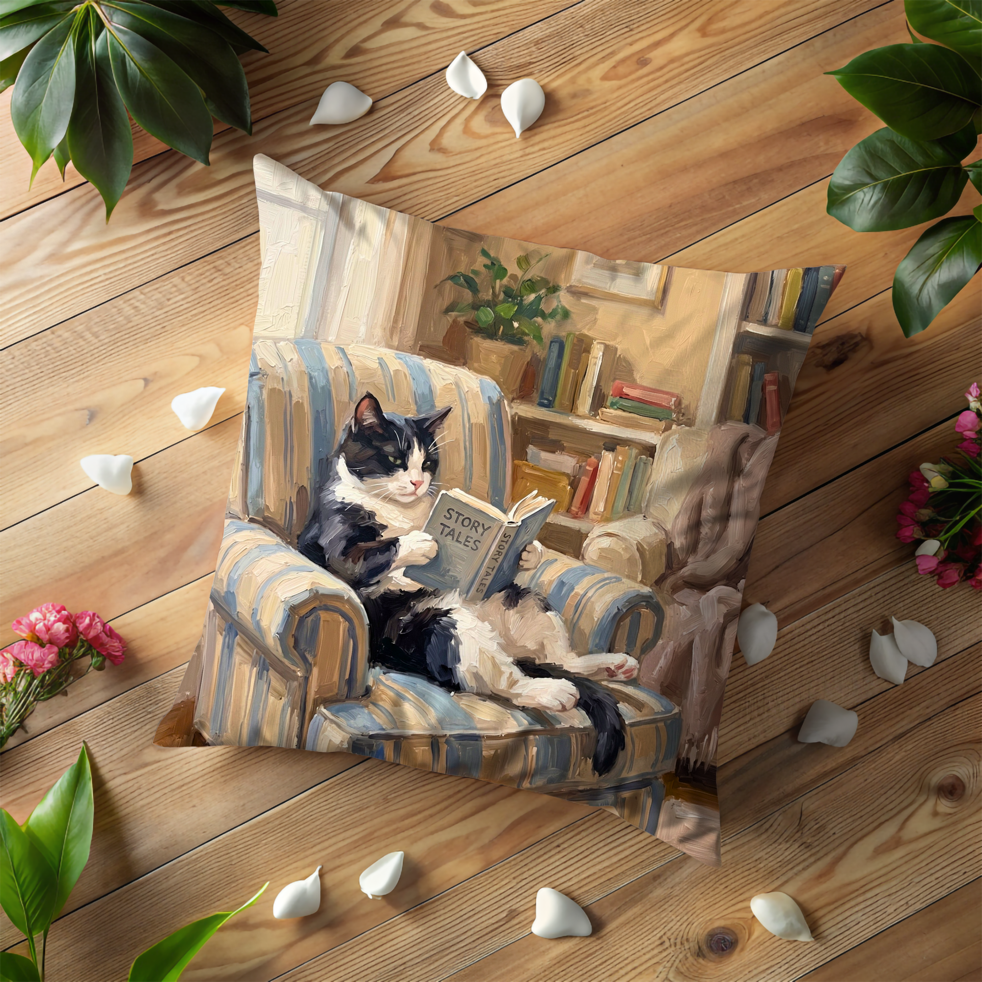Cozy Cat Reading Pillow Case  | Bookworm Tuxedo Cat Throw Pillow Cover | Literary Decor