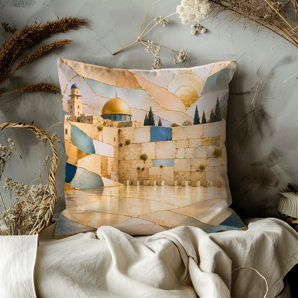 Western Wall Pillow Cover – Golden Seam Jerusalem Art | Spiritual Decor