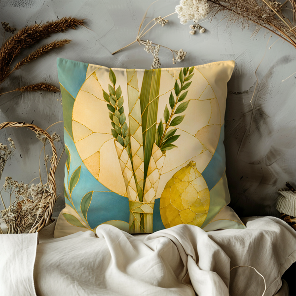 Four Species Pillow Cover – Sukkot Lulav Etrog Art | Jewish Spiritual Decor