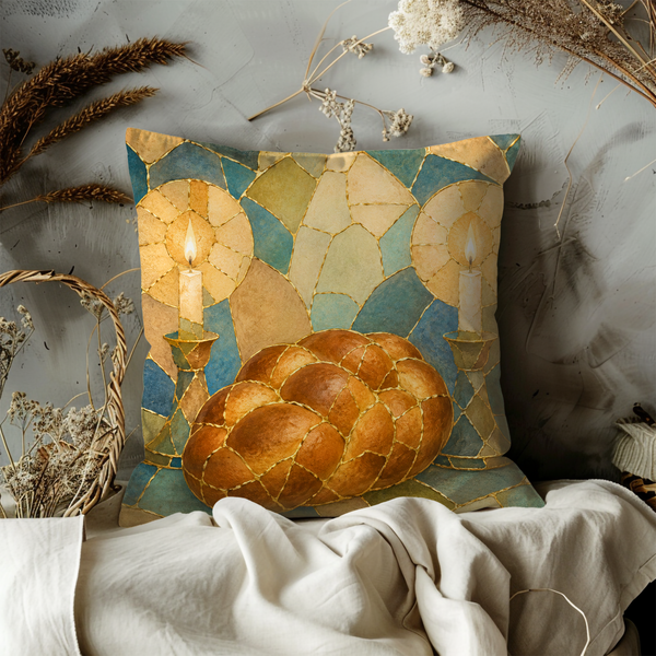 Challah Shabbat Candles Pillow Cover – Jewish Spiritual Art | Warm Decor