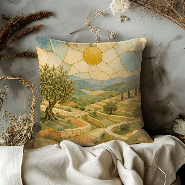 Terraced Hills Olive Tree Pillow Cover – Gold Crackle Landscape Art | Spiritual Decor