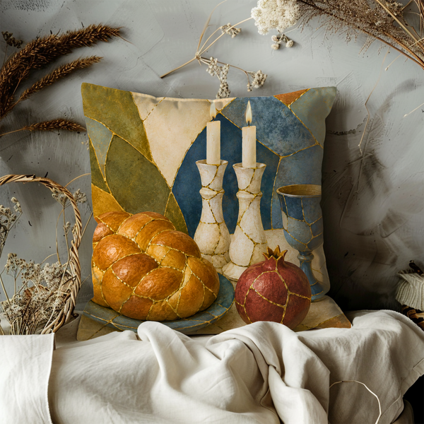 Shabbat Table Pillow Cover – Challah Candles Art | Jewish Spiritual Decor