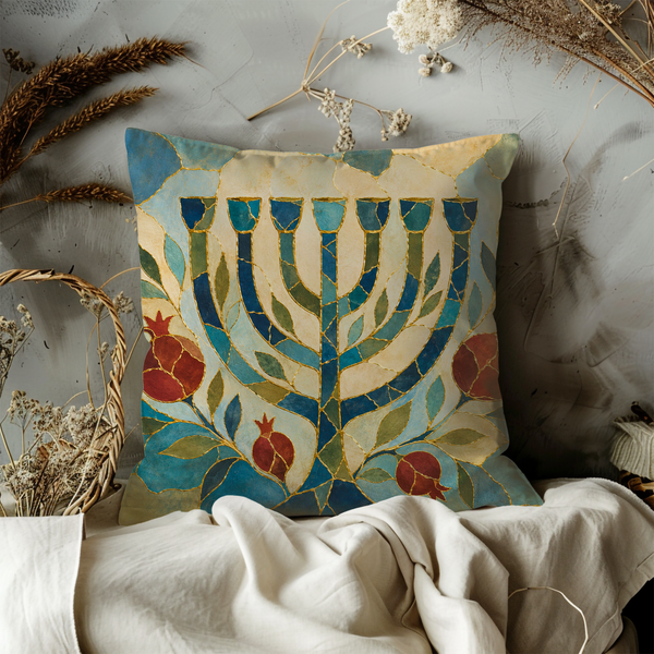 Menorah Pomegranate Pillow Cover – Golden Heritage Judaica Art | Spiritual Decor