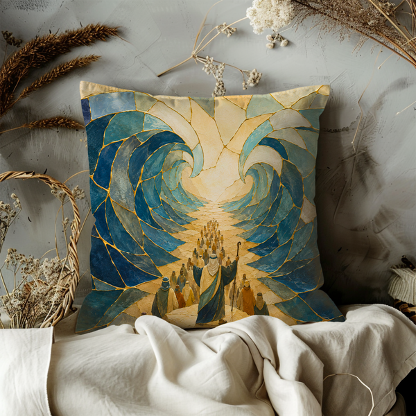 Red Sea Crossing Pillow Cover – Biblical Golden Seam Art | Spiritual Decor