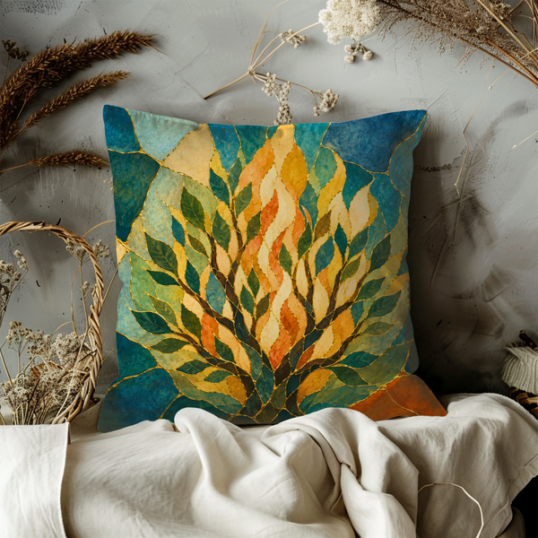 Burning Bush Pillow Cover – Biblical Golden Seam Art | Spiritual Decor