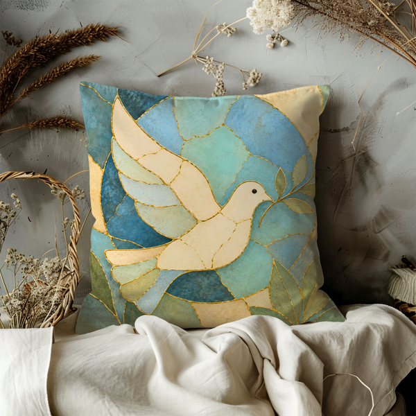 Dove of Peace Pillow Cover – Gold Crackle Spiritual Art | Calm Decor