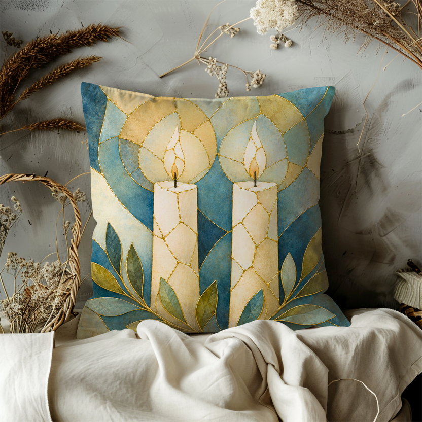 Shabbat Candles Pillow Cover – Jewish Spiritual Art | Calm Decor