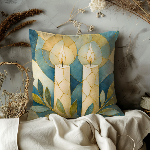 Shabbat Candles Pillow Cover – Jewish Spiritual Art | Calm Decor