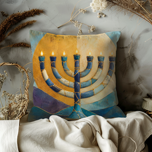 Menorah Gold Crackle Pillow Cover – Jewish Spiritual Art | Modern Decor