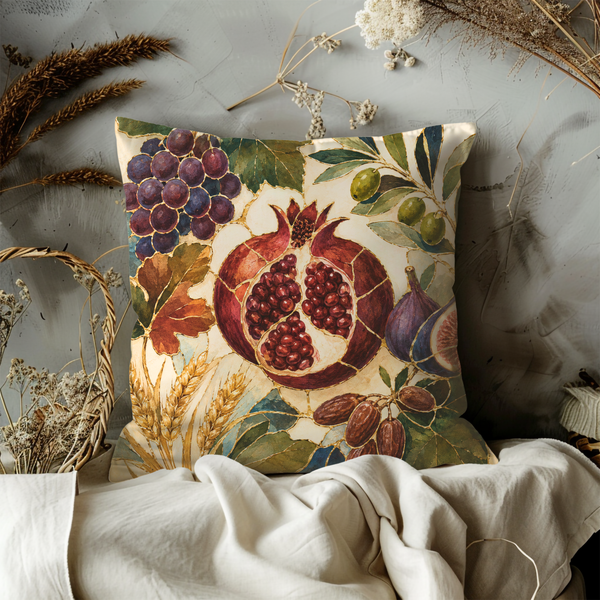 Pomegranate Fruits Pillow Cover – Gold Mediterranean Art | Luxe Botanical Decor