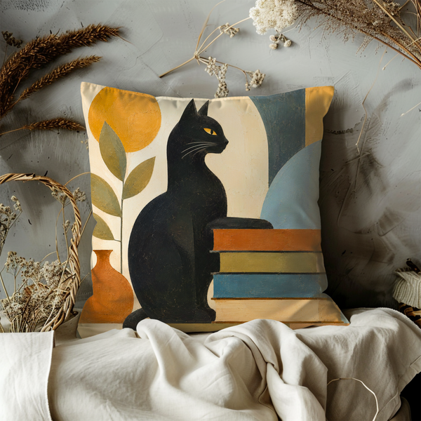 Black Cat Books Pillow Cover – Modern Abstract Art | Geometric Decor