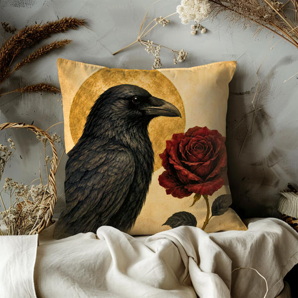 Raven Rose Pillow Cover – Gothic Moon Art | Dark Romantic Decor