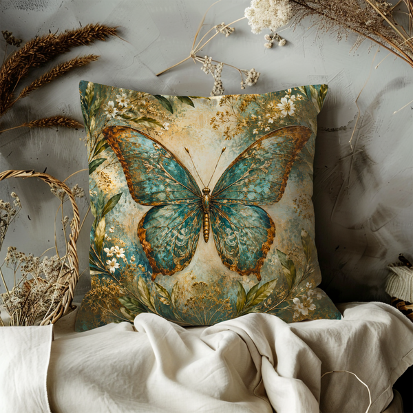 Butterfly Pillow Cover – Gold Botanical Art | Vintage Nature Decor