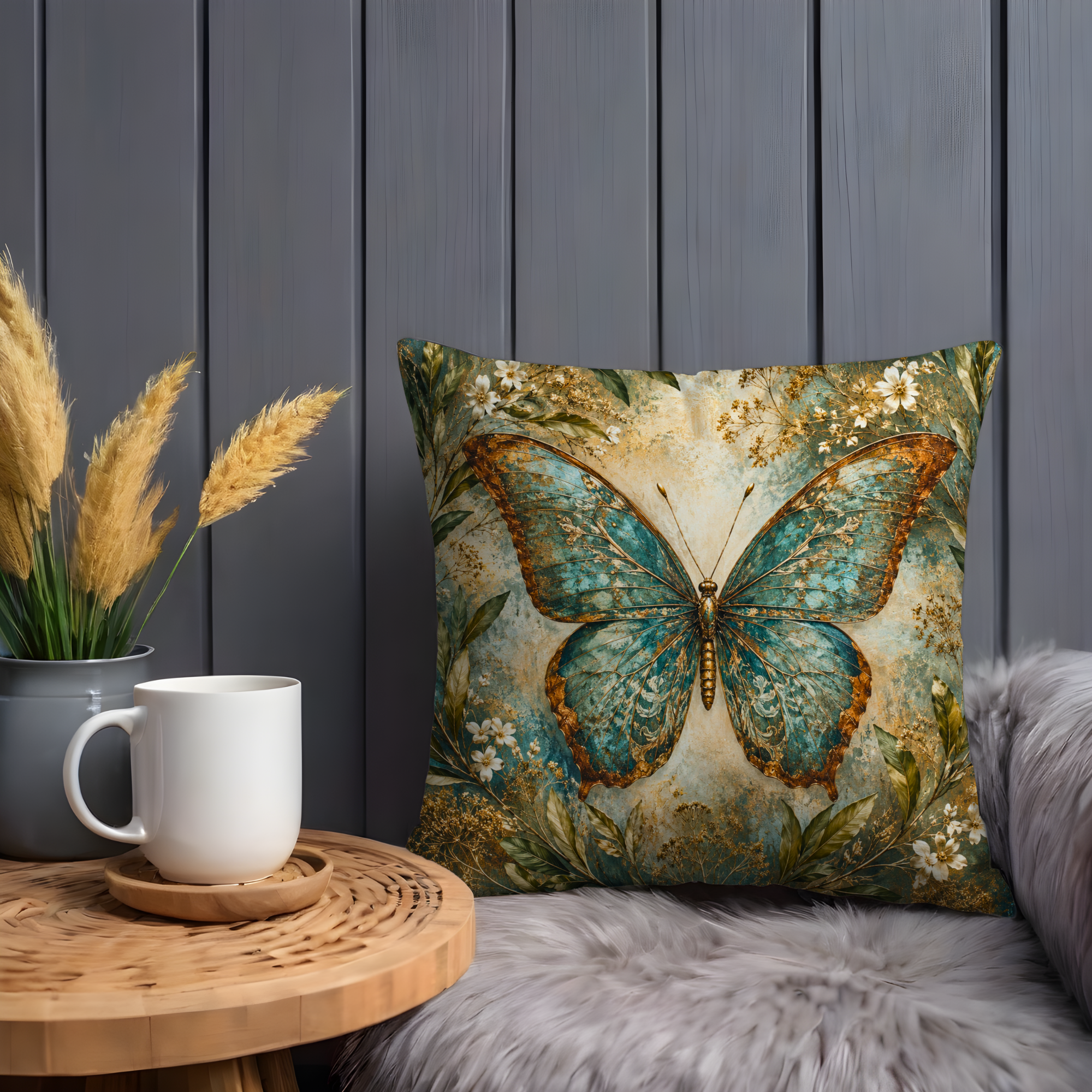 Butterfly Pillow Cover | Gold Botanical Art | Vintage Nature Decor