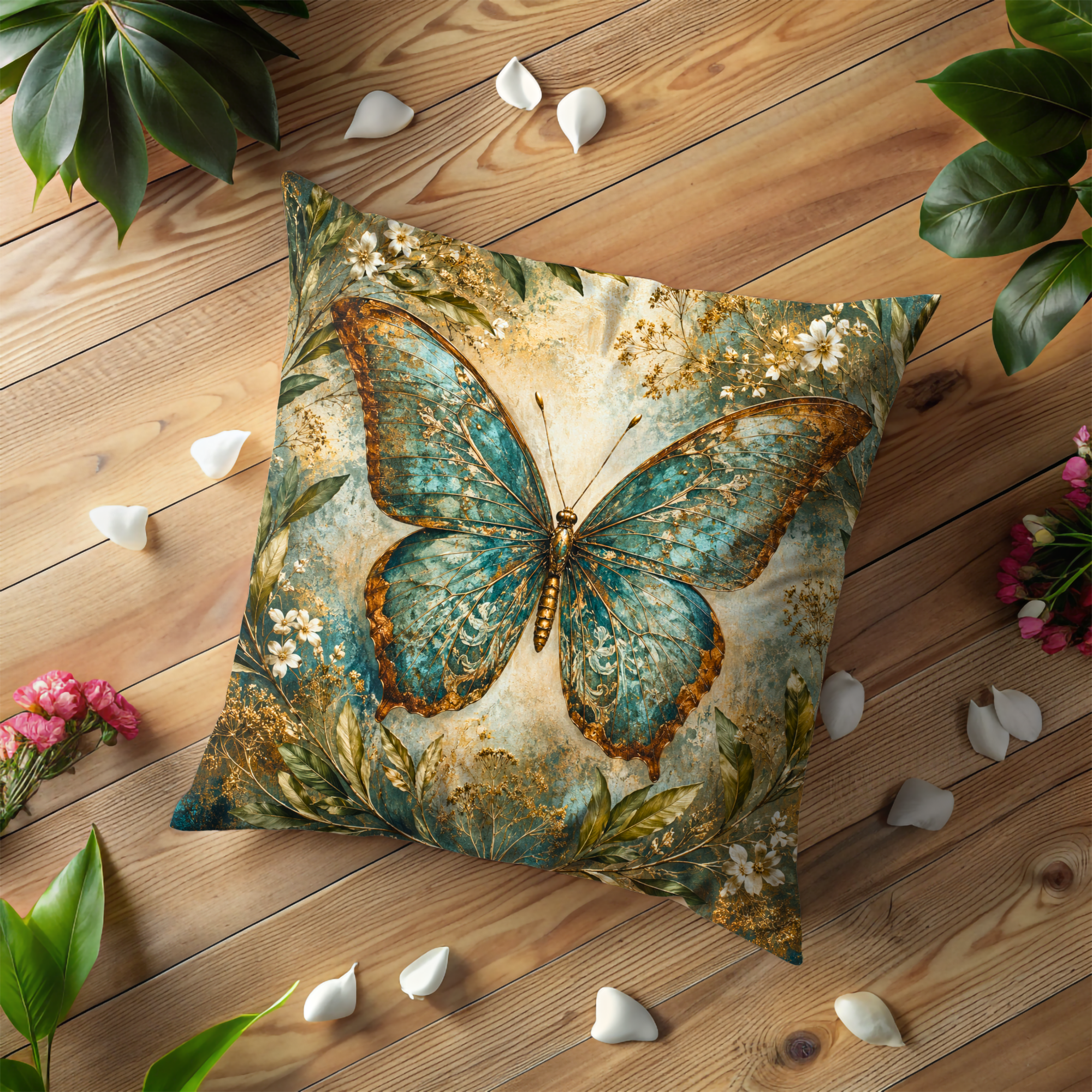 Butterfly Pillow Cover | Gold Botanical Art | Vintage Nature Decor