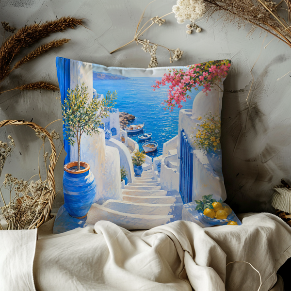Greek Island Street Pillow Cover – Blue White Sea View Art | Mediterranean Decor