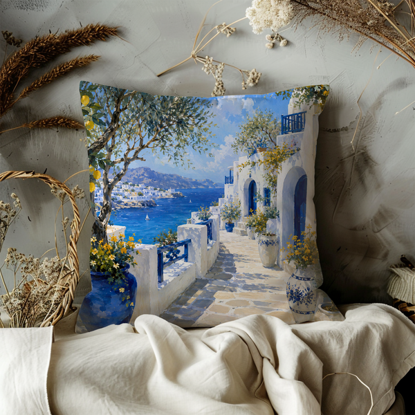 Greek Island Street Pillow Cover – Blue White Sea View Art | Mediterranean Decor