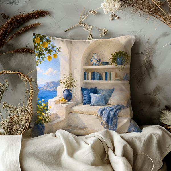 Mediterranean Reading Nook Pillow Cover – Greek Island Art | Cozy Sea View Decor