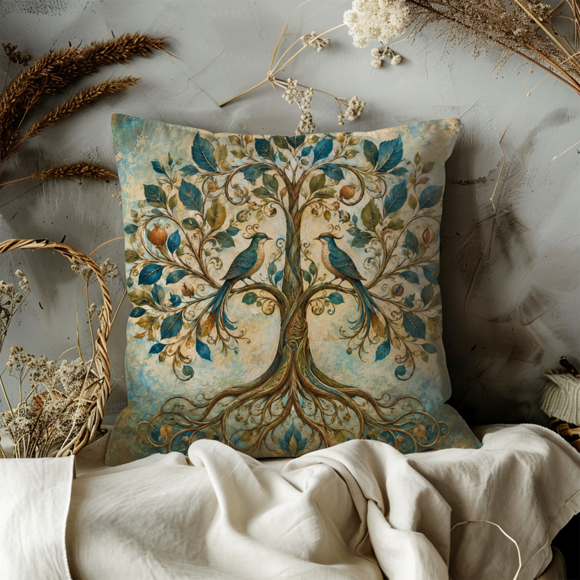 Tree of Life Pillow Cover – Birds Sacred Tree Art | Mystical Nature Decor