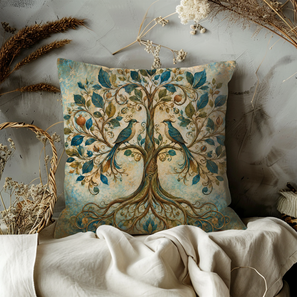 Tree of Life Pillow Cover – Birds Sacred Tree Art | Mystical Nature Decor