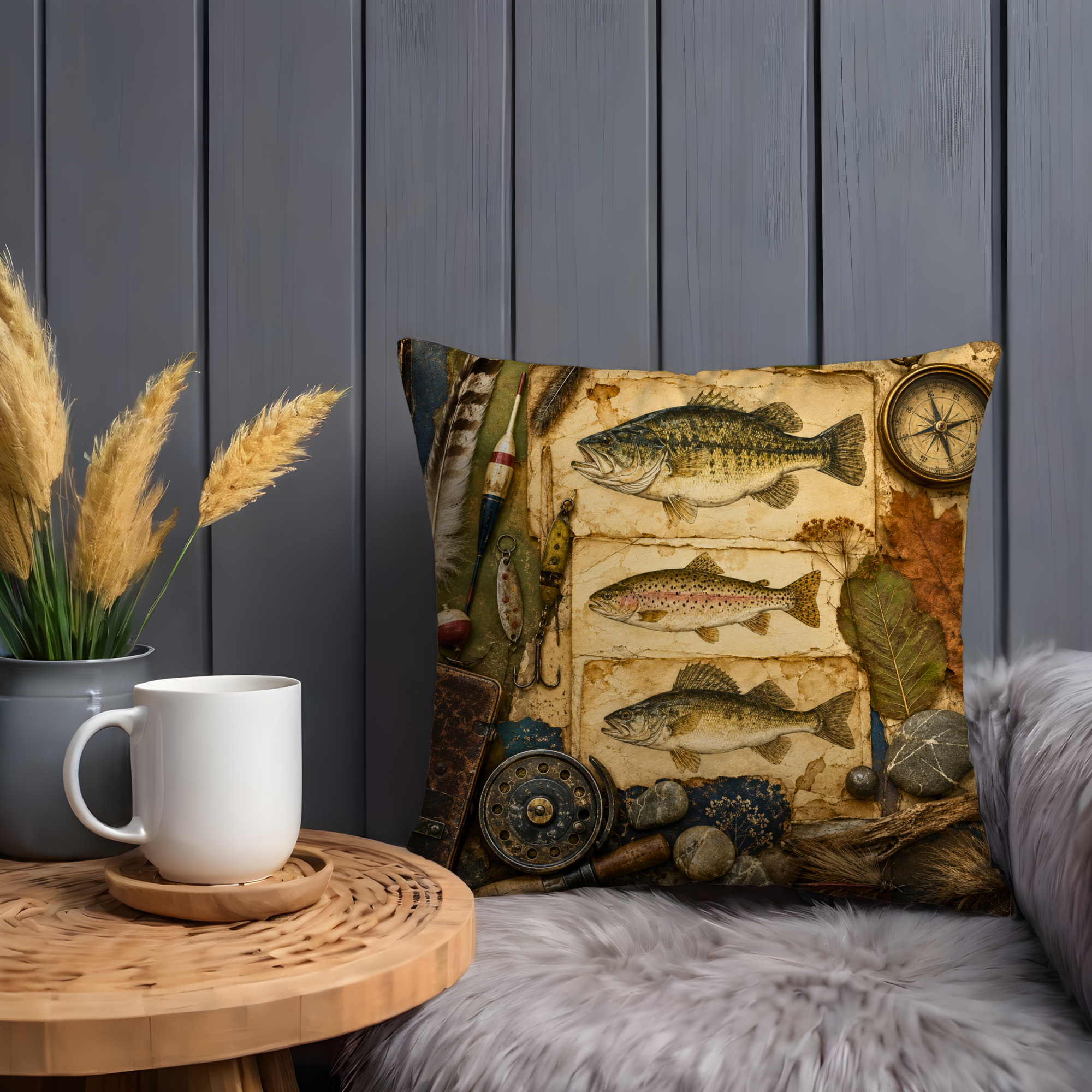 Vintage Fishing Pillow Cover | Fish Still Life Art | Rustic Cabin Decor
