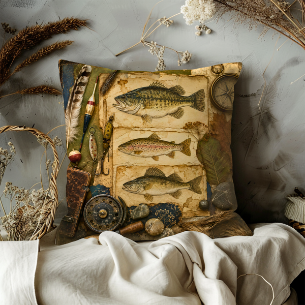 Vintage Fishing Pillow Cover – Fish Still Life Art | Rustic Cabin Decor