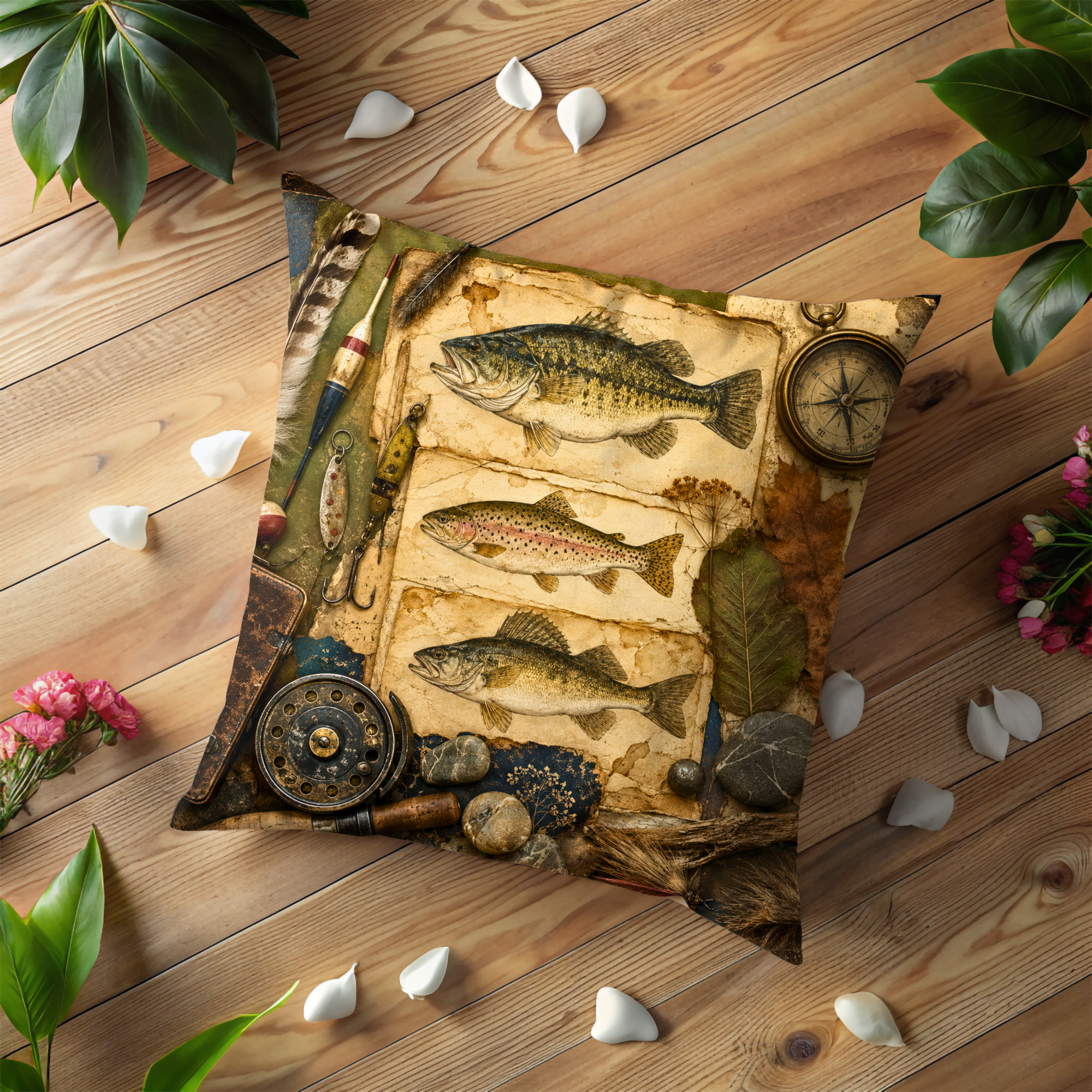 Vintage Fishing Pillow Cover | Fish Still Life Art | Rustic Cabin Decor