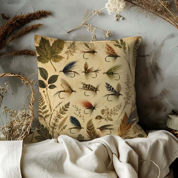 Fishing Flies Pillow Cover – Vintage Rustic Art | Cabin Decor