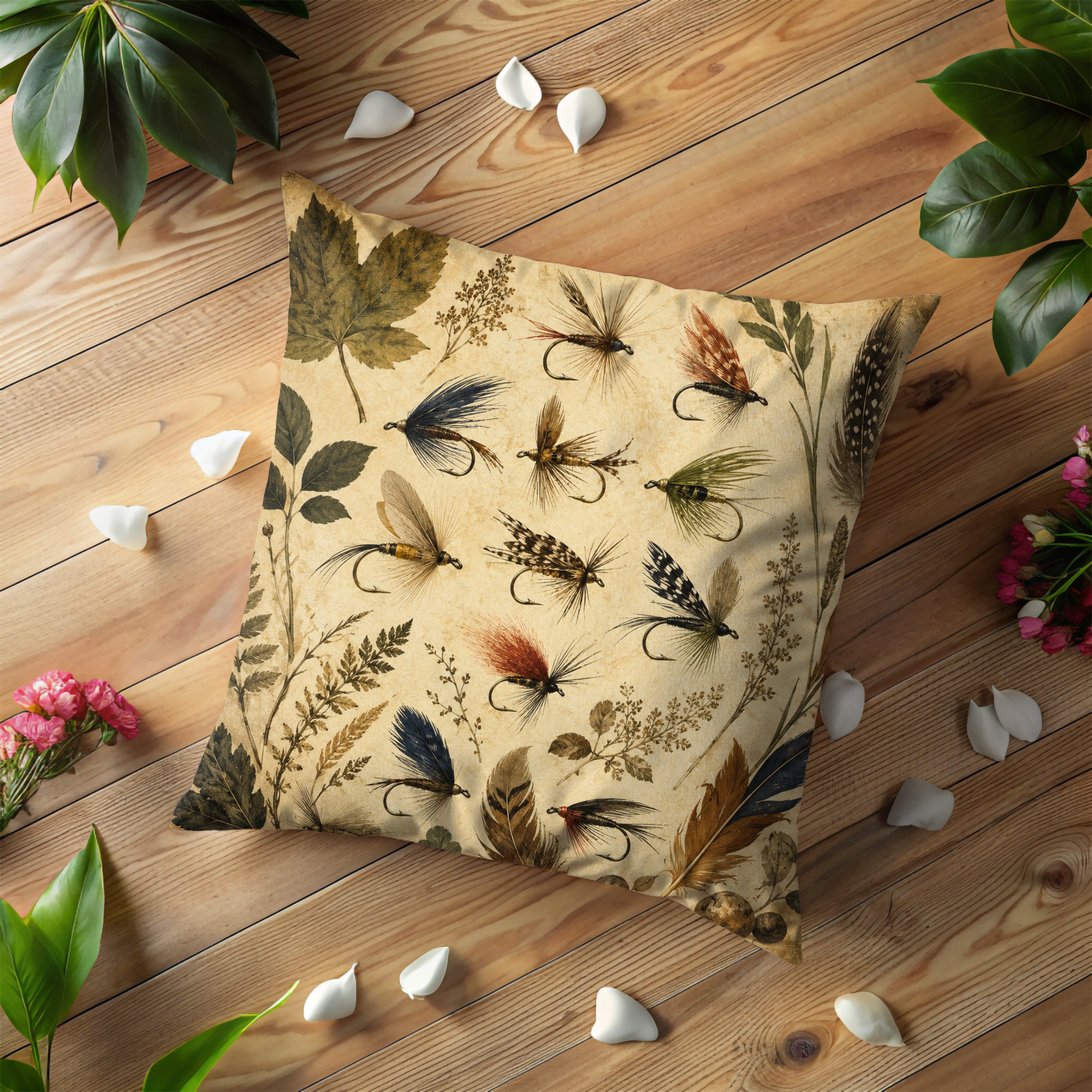 Fishing Flies Pillow Cover | Vintage Rustic Art | Cabin Decor