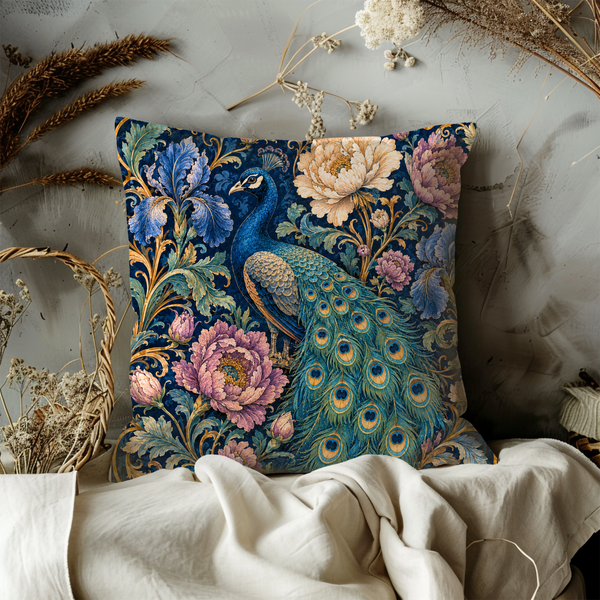 Peacock Peonies Pillow Cover – Luxe Floral Art | Artistic Decor