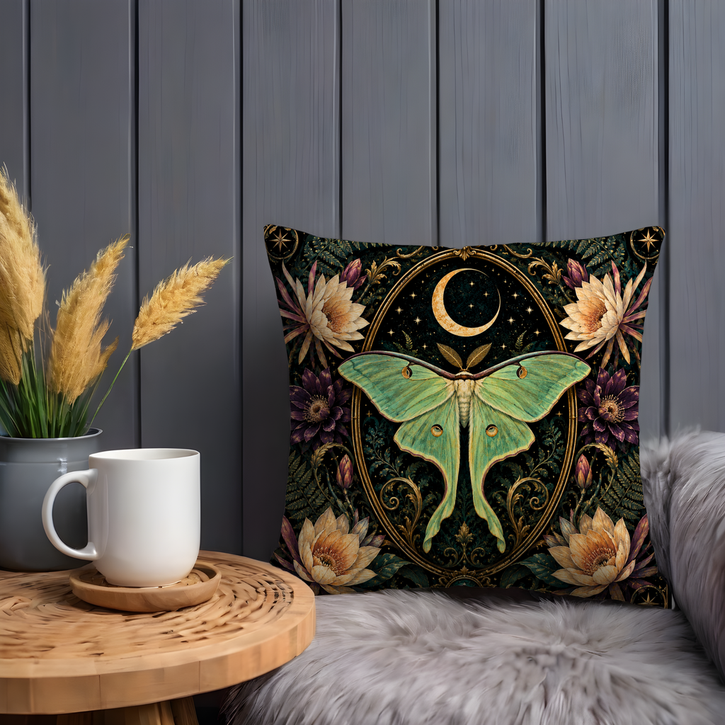Luna Moth Pillow Cover | Crescent Moon Art | Mystical Night Decor