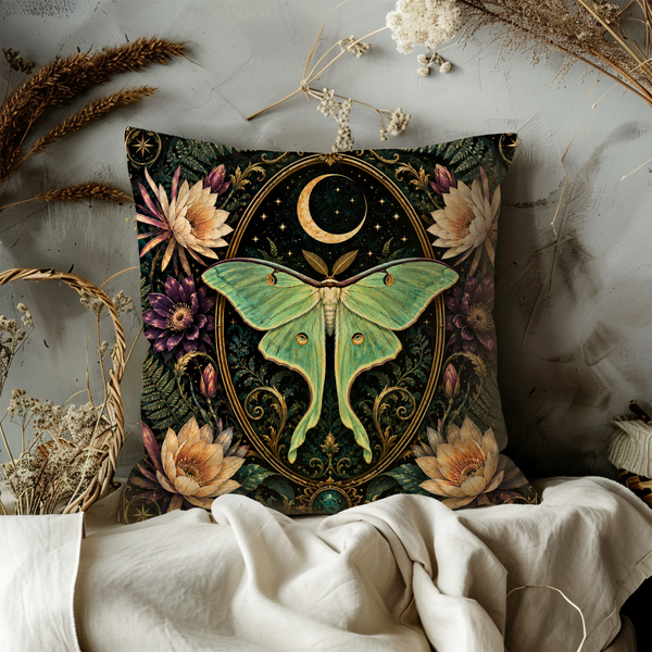 Luna Moth Pillow Cover – Crescent Moon Art | Mystical Night Decor