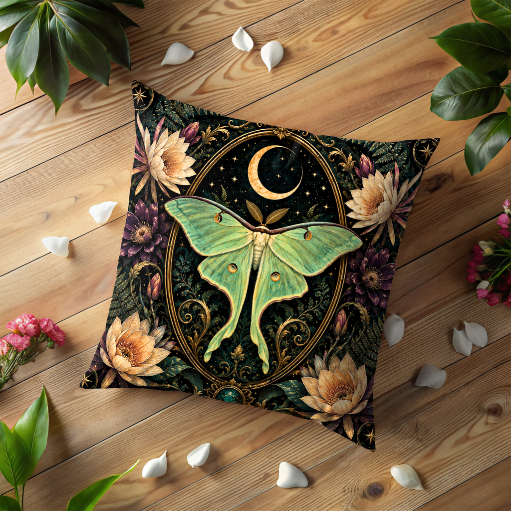 Luna Moth Pillow Cover | Crescent Moon Art | Mystical Night Decor