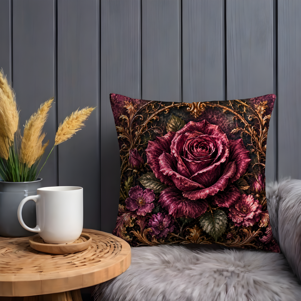 Dark Rose Pillow Cover | Gothic Floral Art | Luxe Baroque Decor